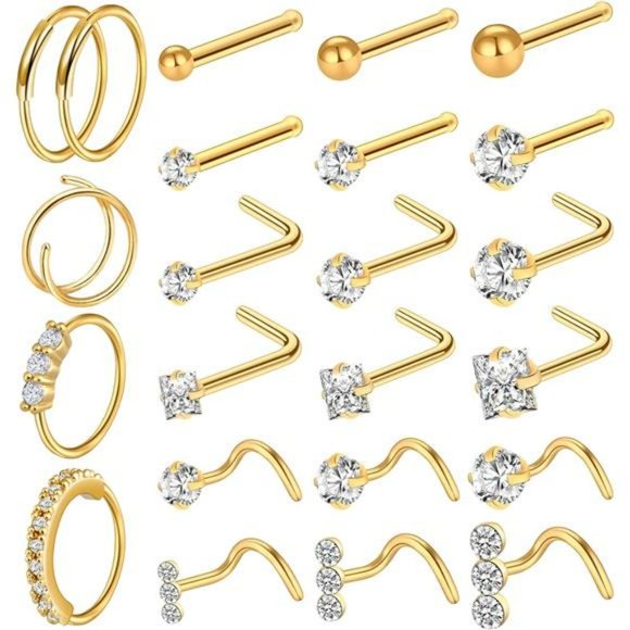 22 Pcs Gold Nose Rings Nose Piercing Jewelry Stainless Steel Studs Cubic Zircon - Picture 1 of 7